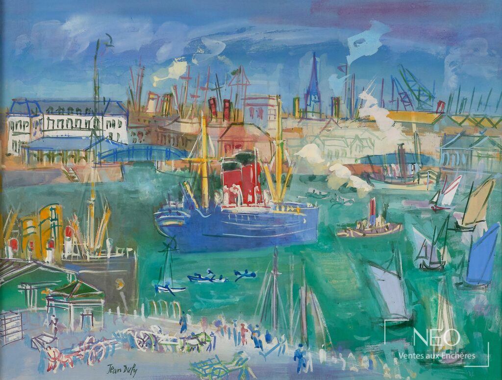 Vue de l'aquarelle gouachée de Jean Dufy représentant le port du Havre avec navires et grues.