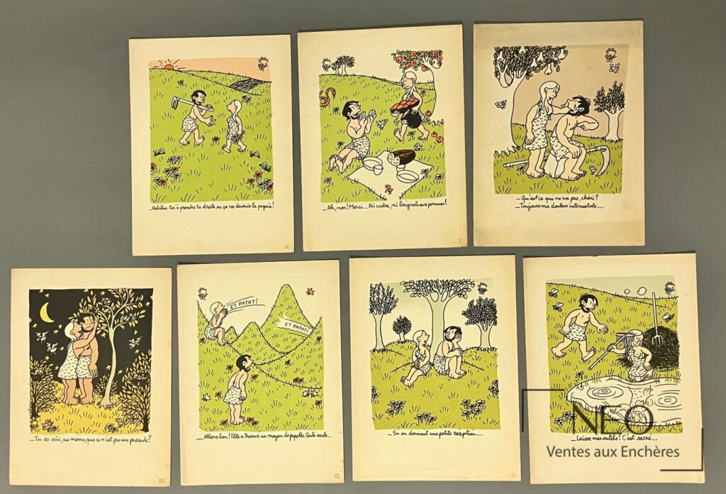 Estampe en couleurs de Jean Effel représentant Adam et Eve dans un paysage vert