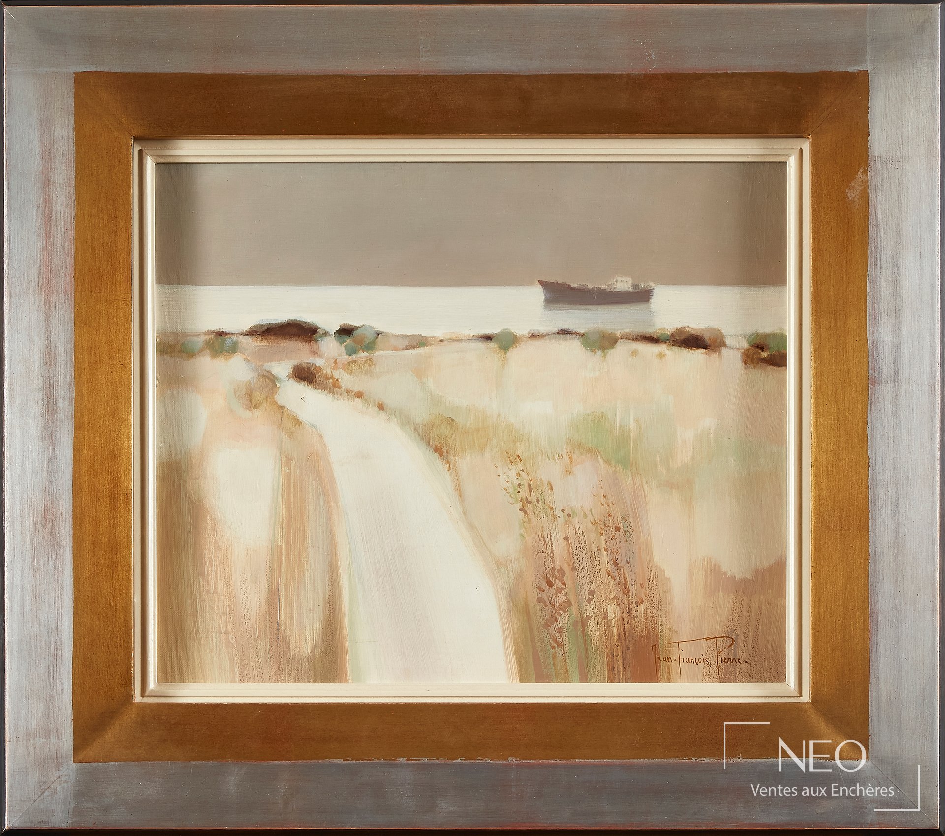Huile sur toile encadrée représentant un paysage marin avec un bateau à l'horizon