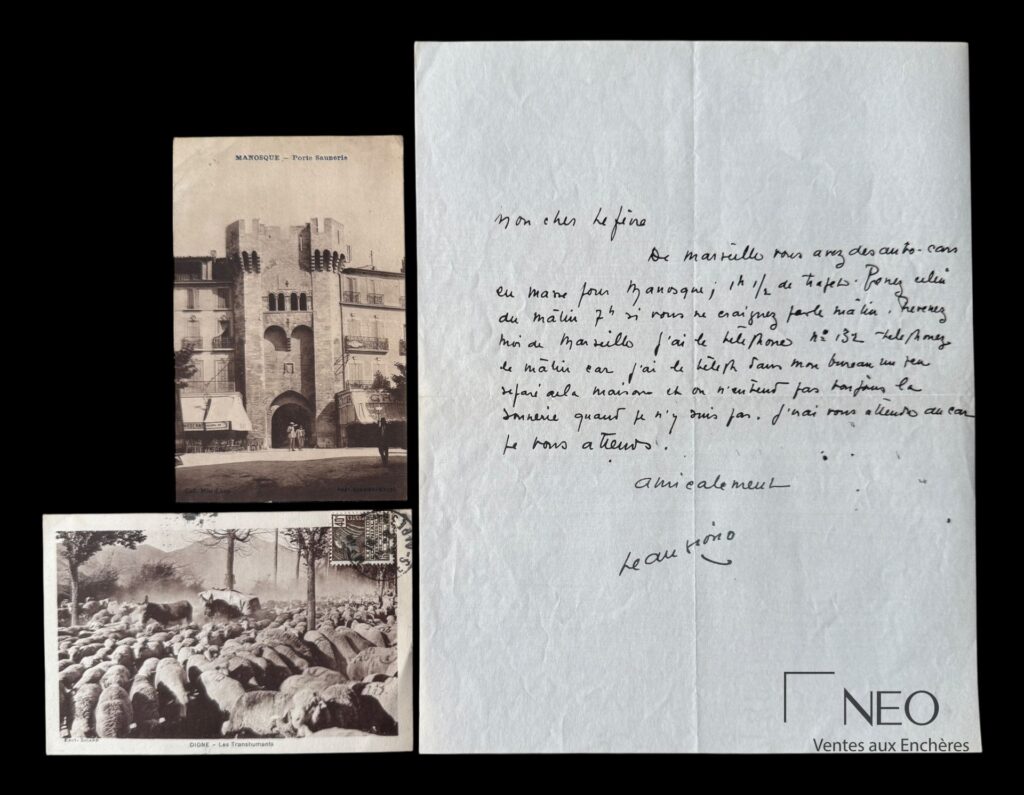 Lettre autographe signée de Jean Giono avec deux cartes postales jointes