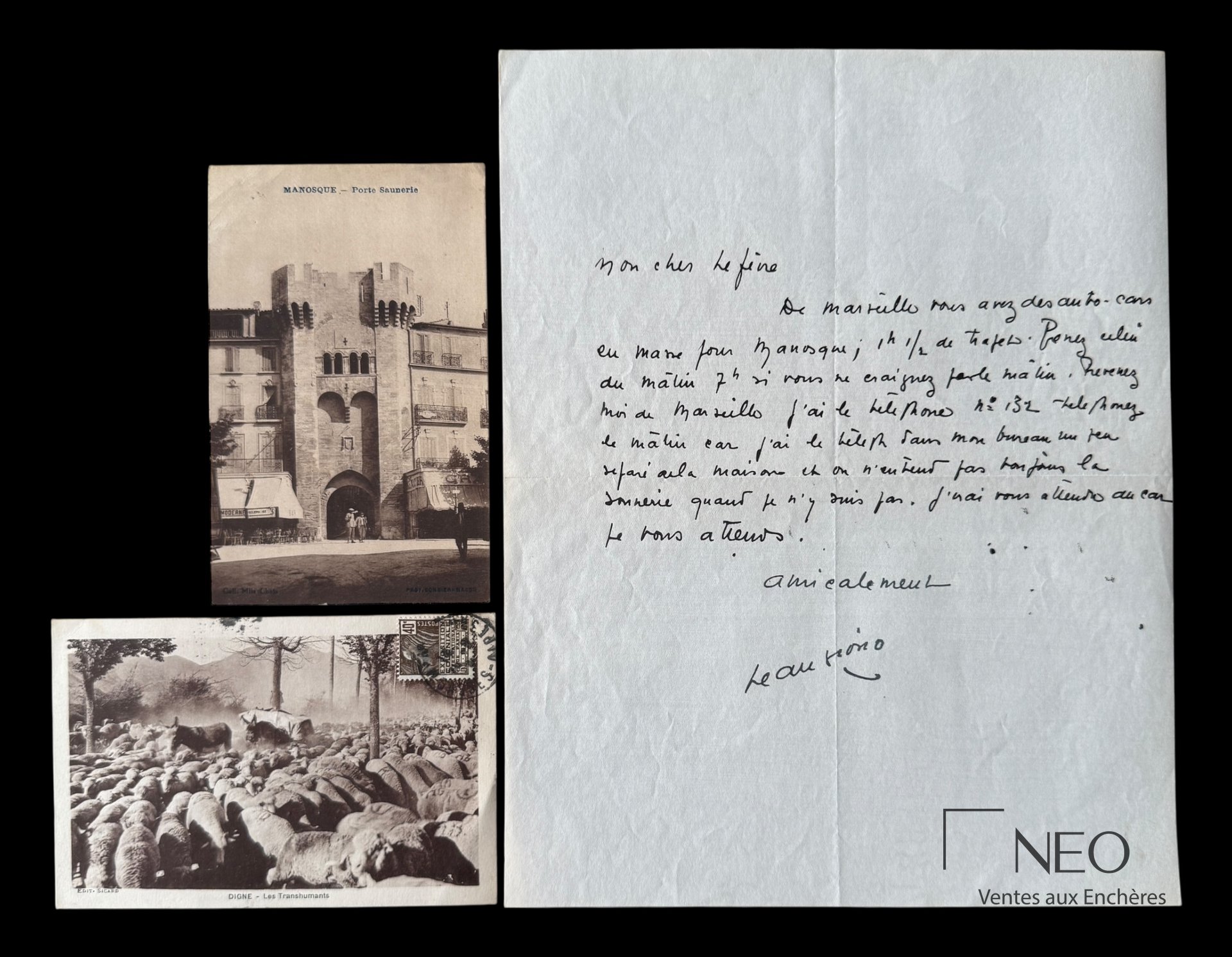 Lettre autographe signée de Jean Giono avec deux cartes postales jointes