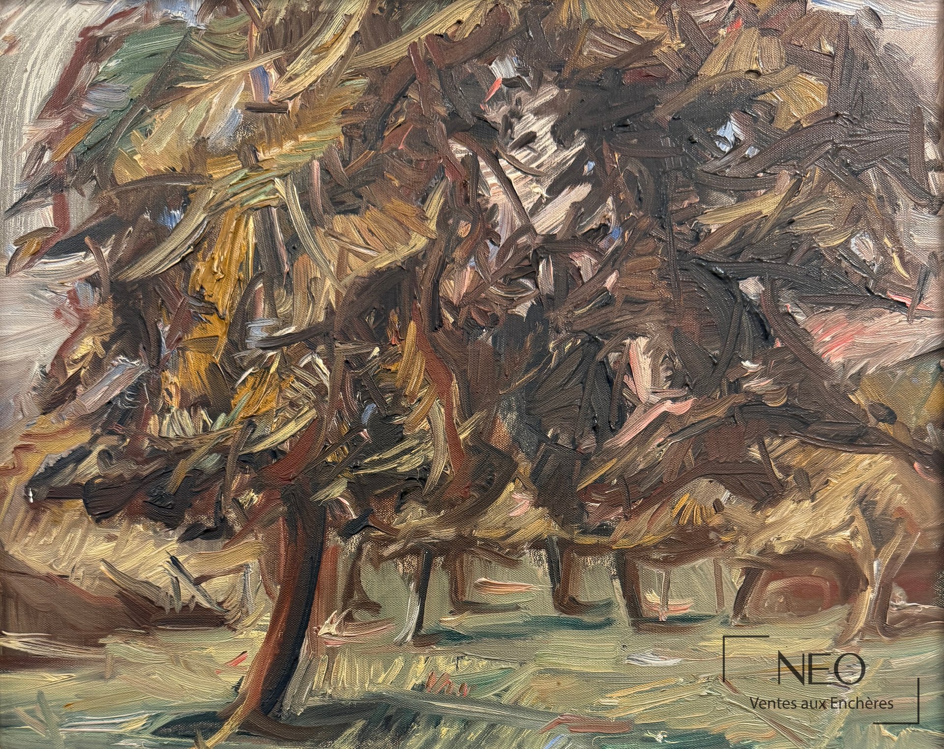 Huile sur toile représentant un verger aux touches épaisses et aux tons bruns et verts
