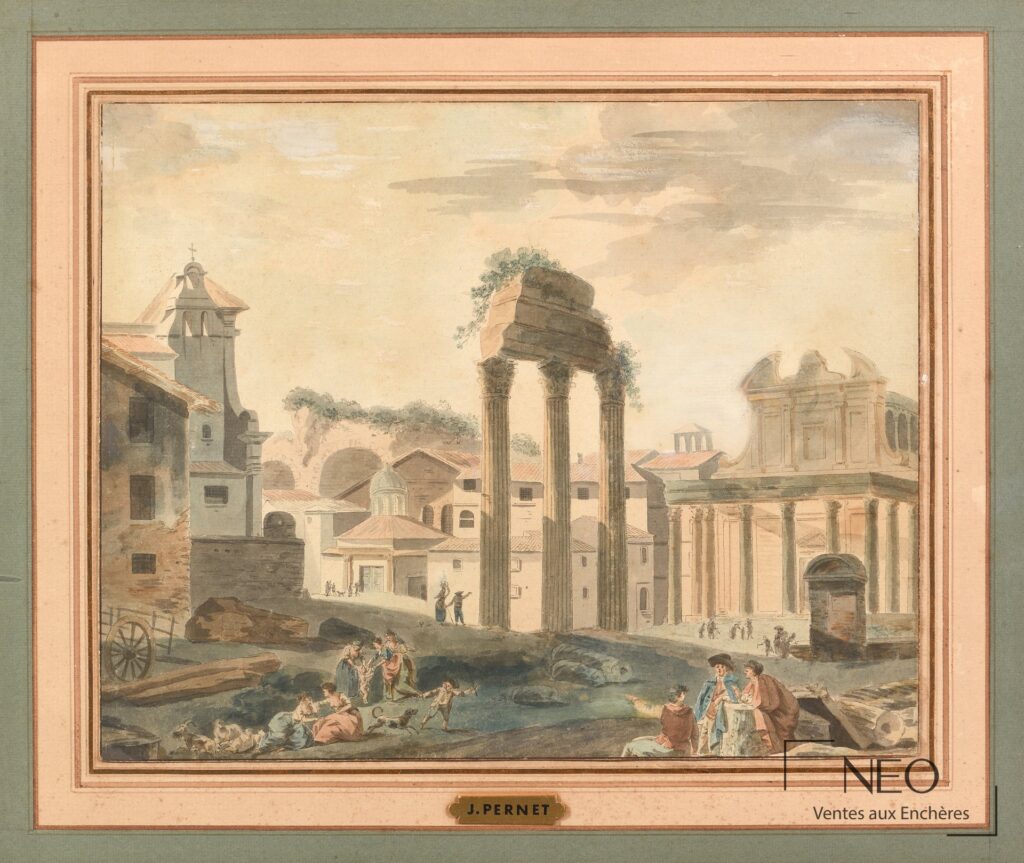 Vue de l'aquarelle et gouache de Jean Henry Alexandre Pernet représentant des ruines animées de figures.