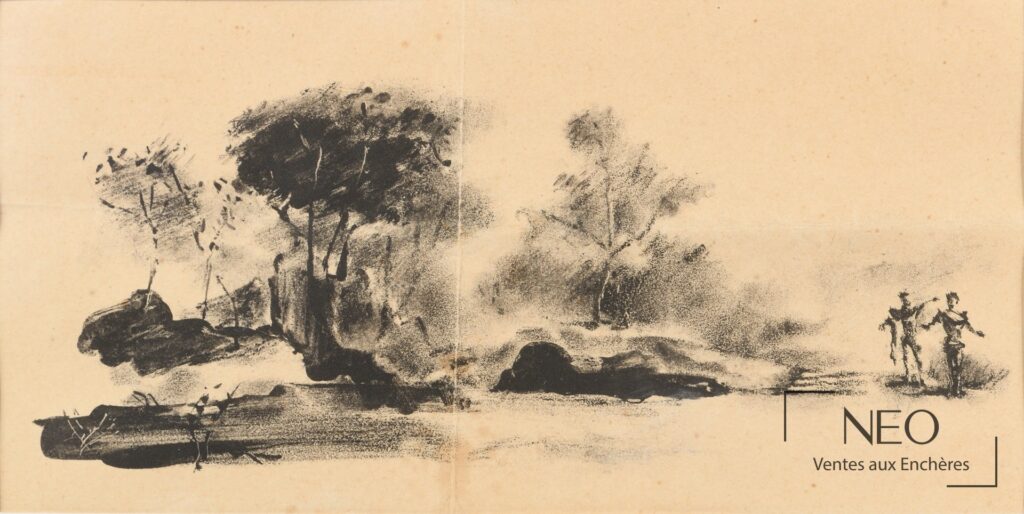 Paysage animé à l’encre sur papier