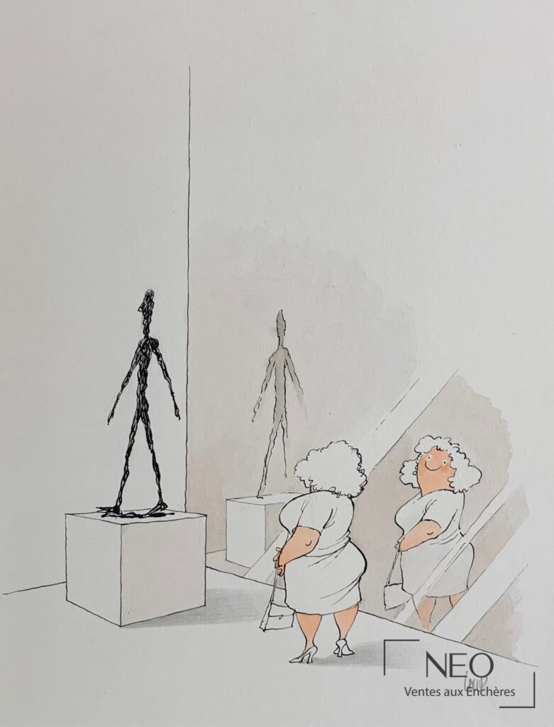 Dessin de Jean Jacques Loup montrant une scène de musée avec figures stylisées et silhouettes de Giacometti