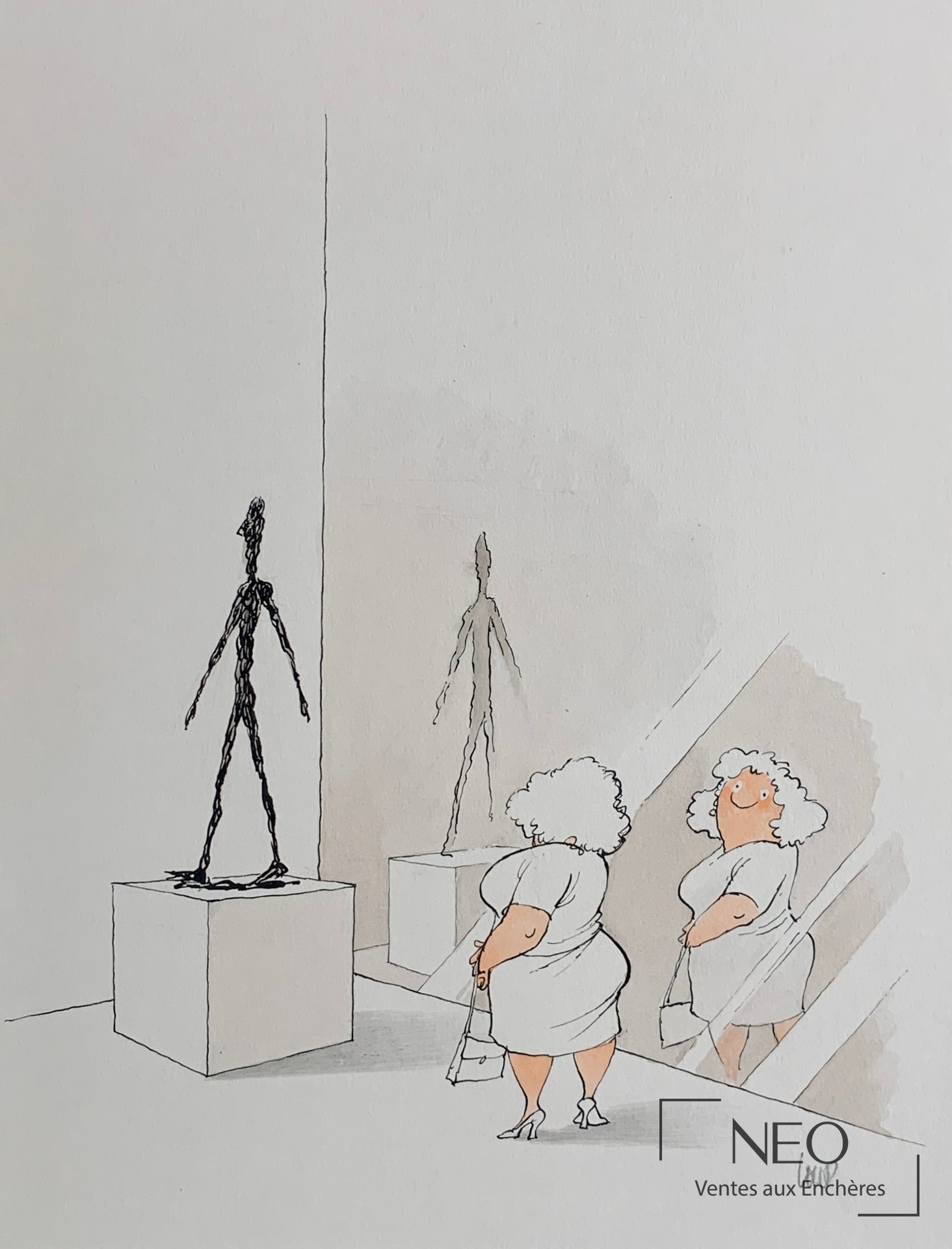 Dessin de Jean Jacques Loup montrant une scène de musée avec figures stylisées et silhouettes de Giacometti