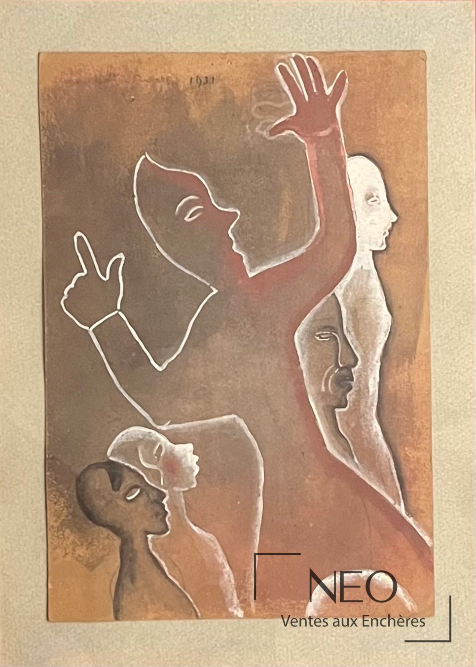 Dessin de silhouettes masculines signé et daté 1931