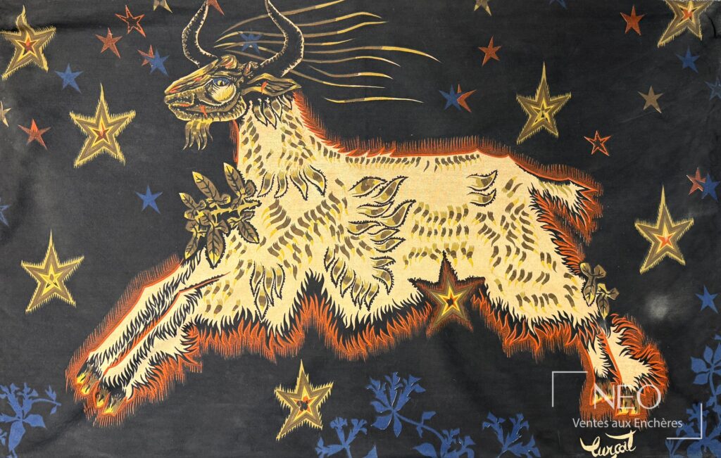 Tapisserie en laine polychrome représentant un bouc sur fond étoilé