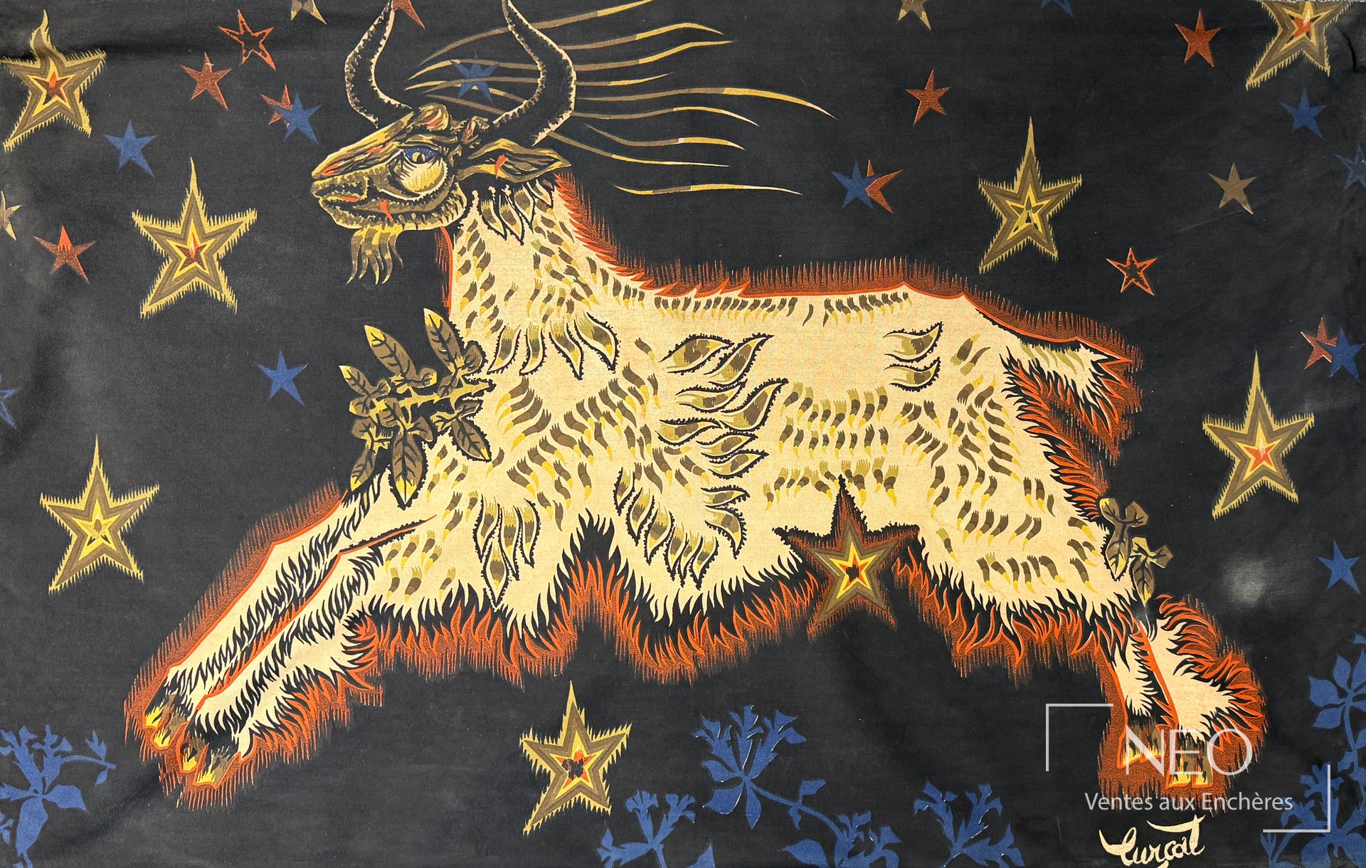 D’après Jean Lurçat Le bouc aux étoiles, tapisserie en laine polychrome