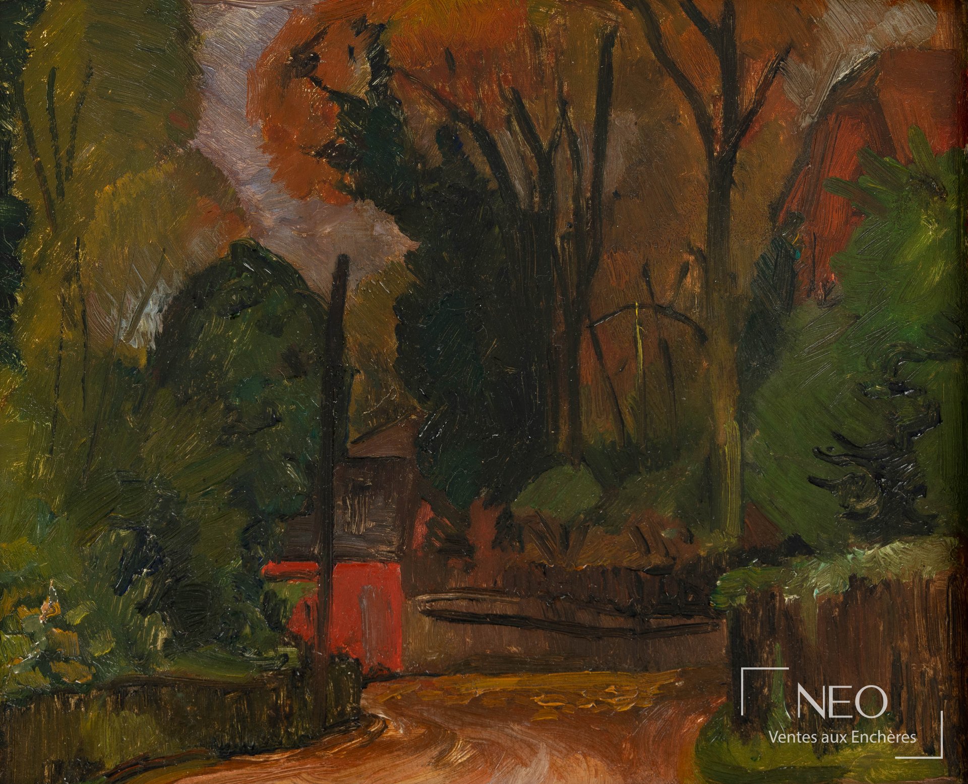 Peinture de paysage aux arbres aux feuillages d'automne et chemin sinueux