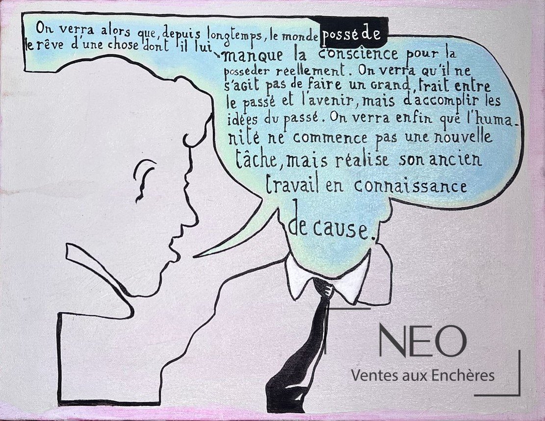 Composition peinte avec profil de personnage et citation manuscrite dans une bulle bleutée