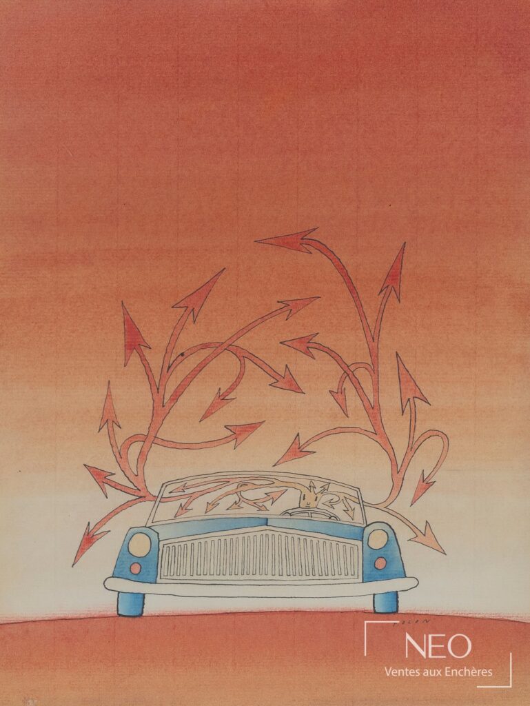 Aquarelle de Jean-Michel Folon représentant une voiture bleue sous un ciel rouge