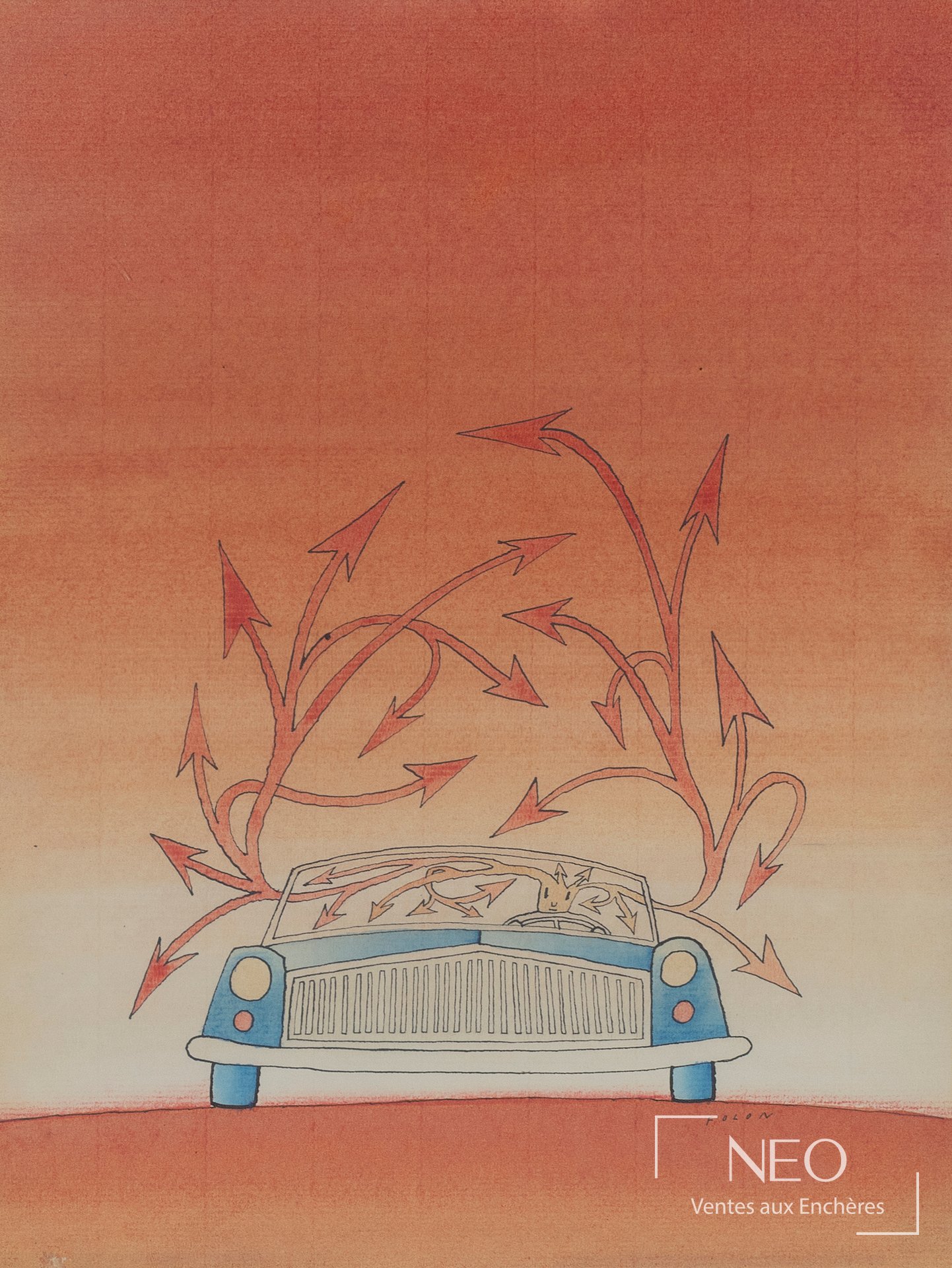 Aquarelle de Jean-Michel Folon représentant une voiture bleue sous un ciel rouge