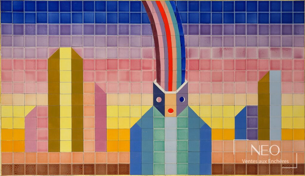 Composition géométrique en carreaux de céramique émaillée polychrome sur panneau de bois