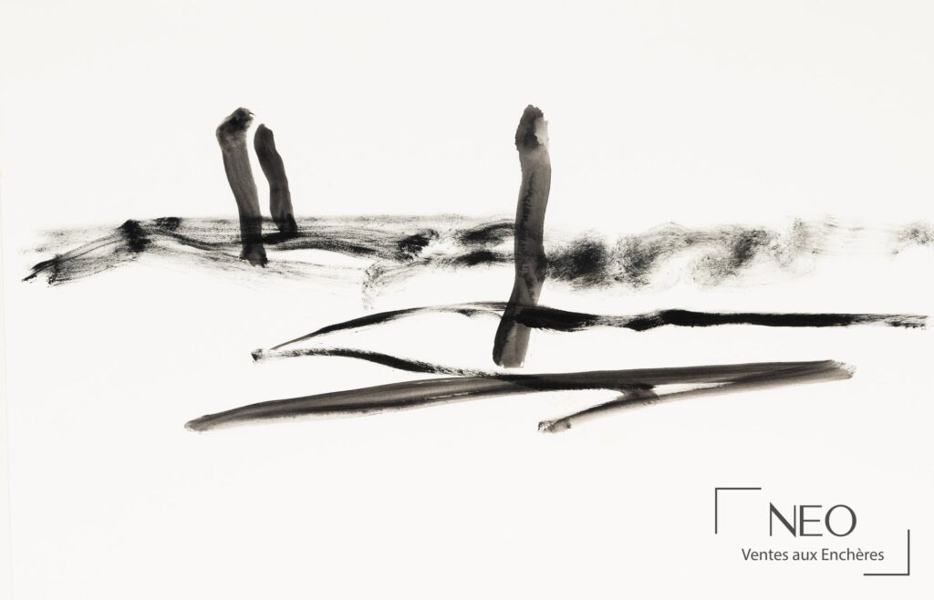 Composition abstraite en acrylique noir sur fond blanc