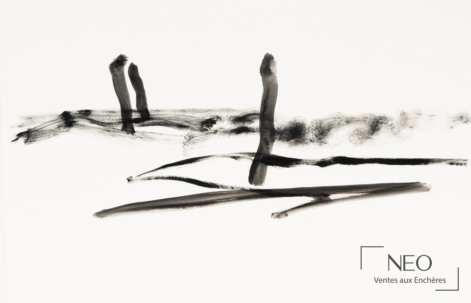 Composition abstraite en acrylique noir sur fond blanc