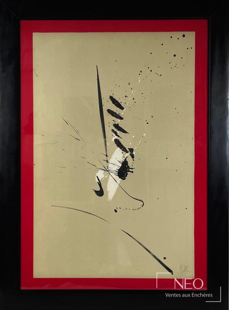 Composition abstraite de Jean Miotte sous cadre noir et fond rouge