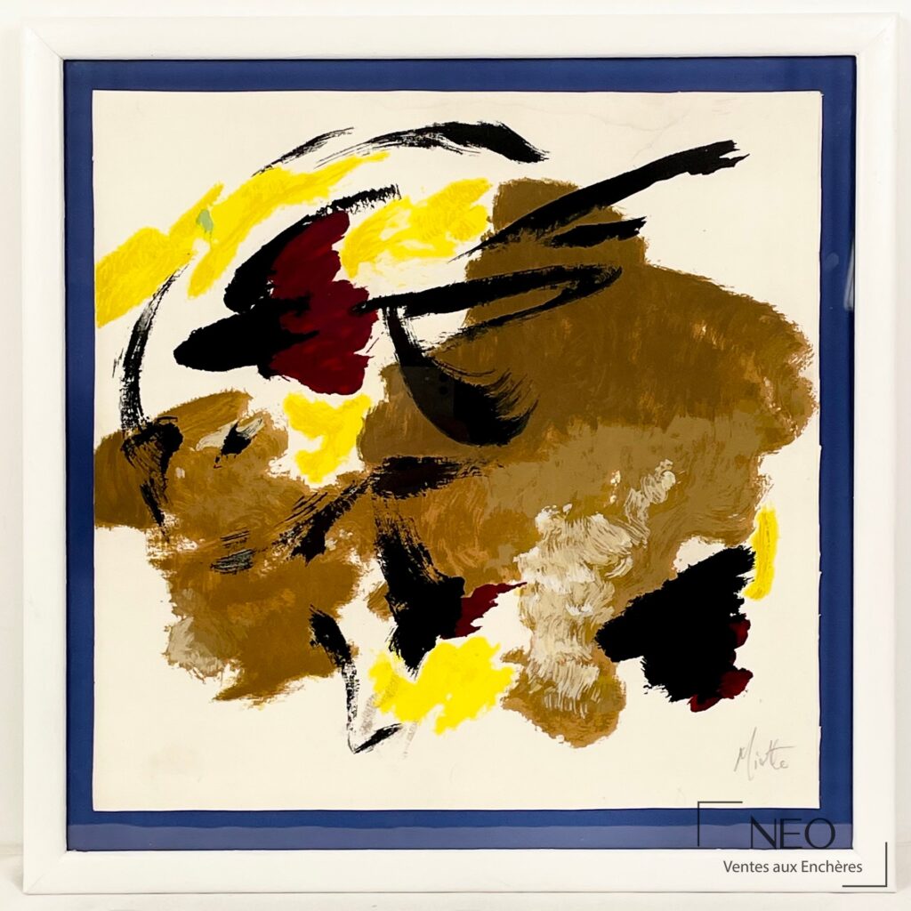 Composition abstraite de Jean Miotte sous cadre bleu et blanc