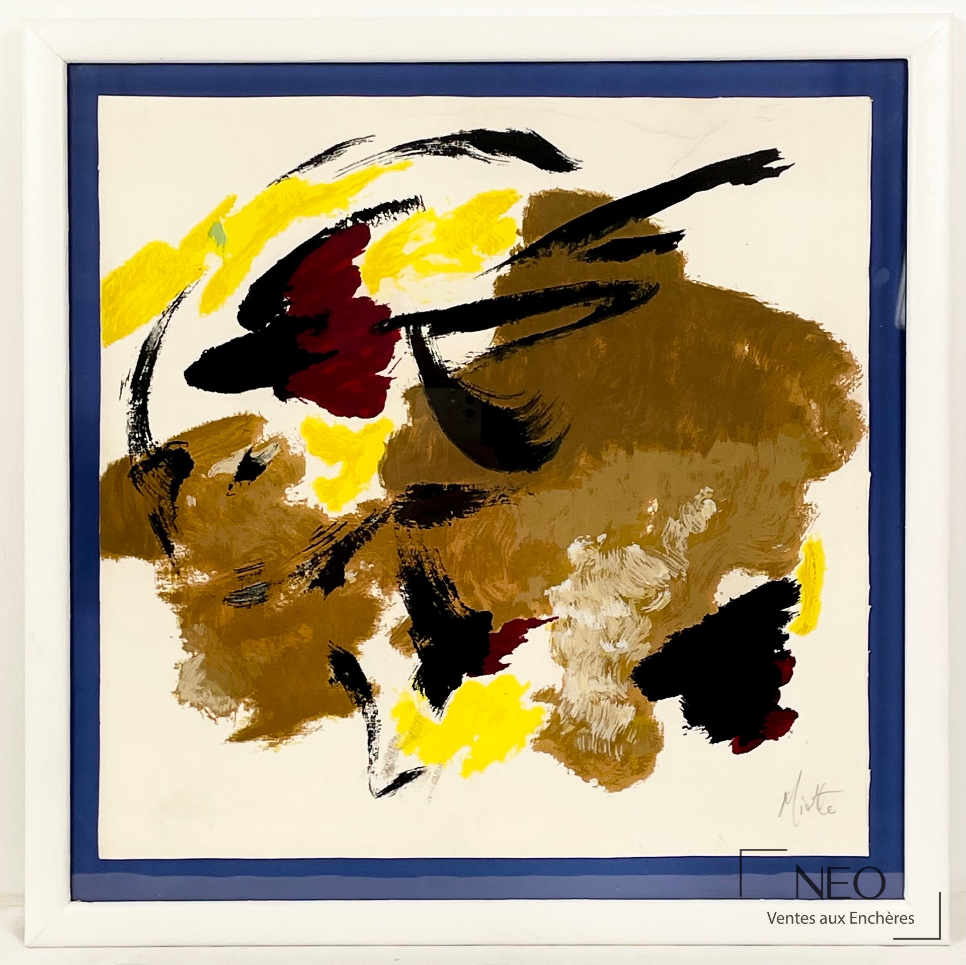 Composition abstraite de Jean Miotte sous cadre bleu et blanc