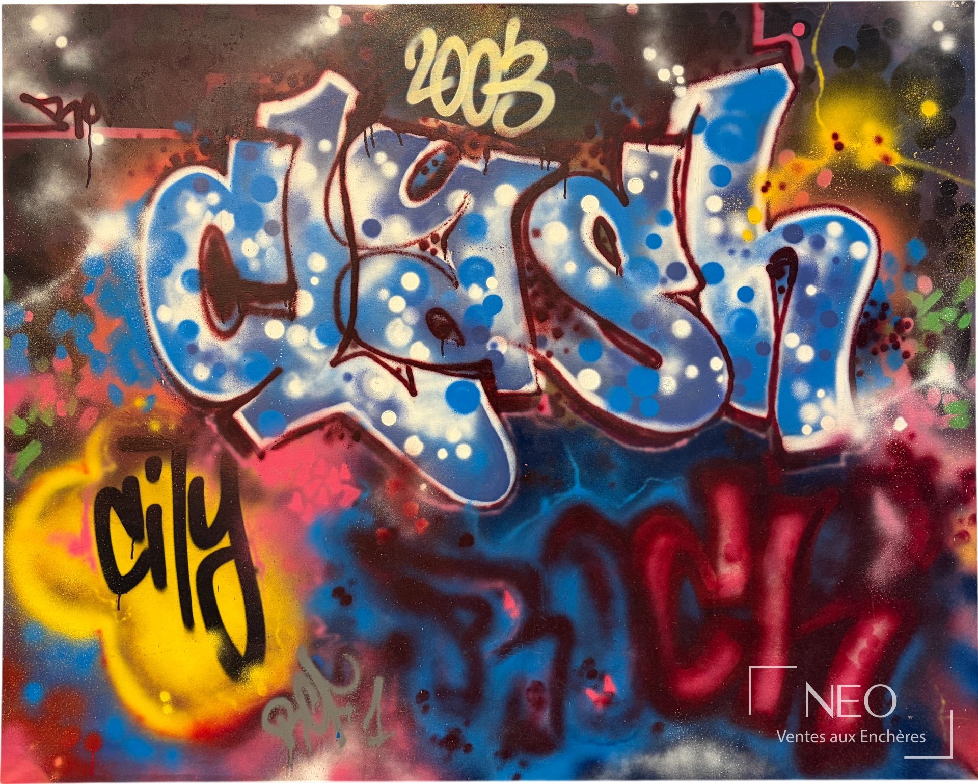 Jean Moderne dit RCF1, Clash city Rocher, technique mixte sur toile, 2003