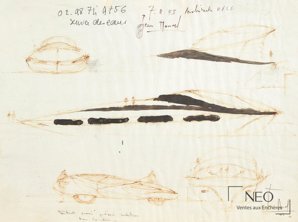 Composition de Jean Nouvel sur papier avec traits bruns et aplats noirs.