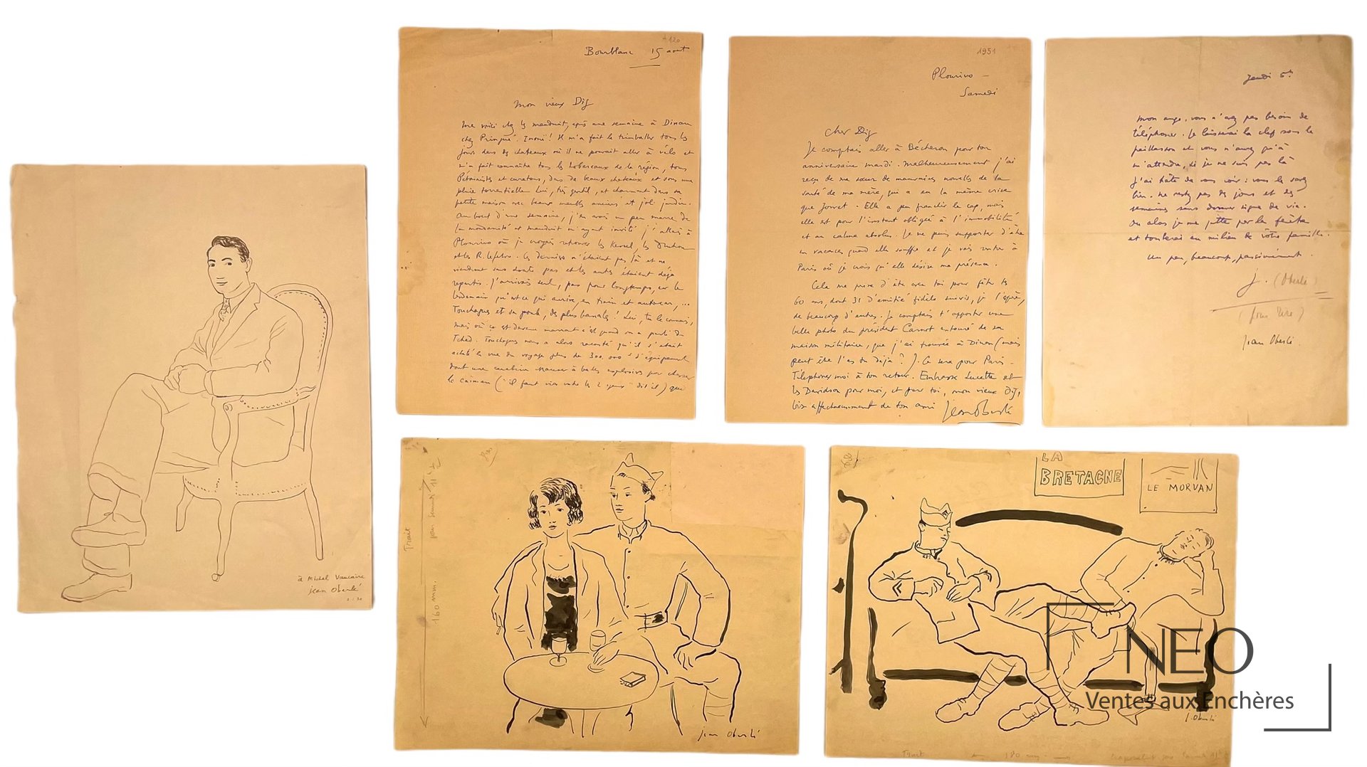 Ensemble de dessins et lettres de Jean Oberlé présenté en vue d'ensemble