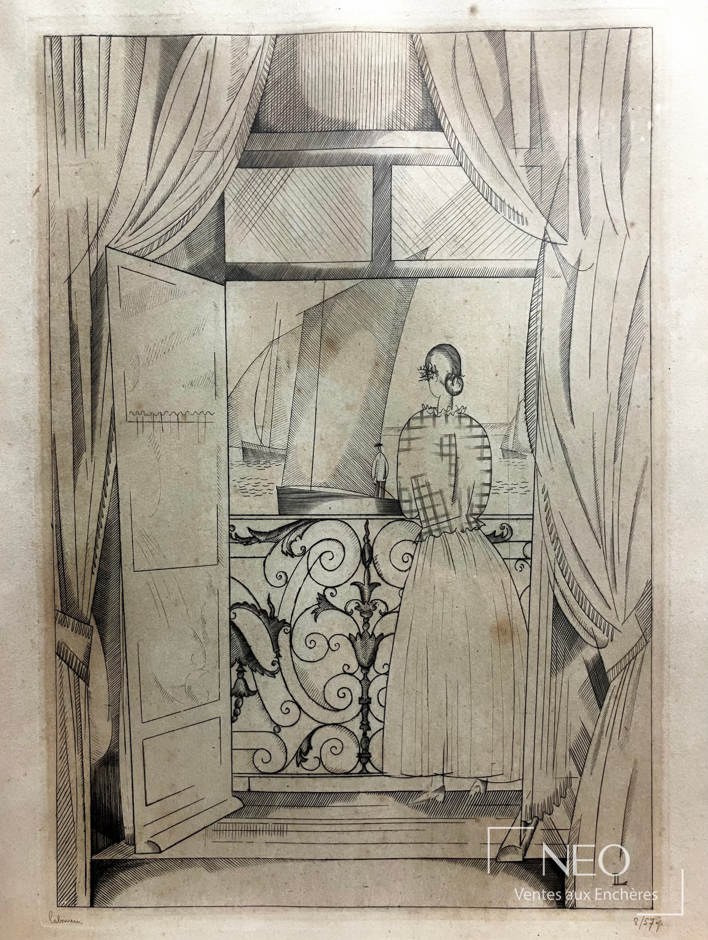 Gravure de Jean Philippe Laboureur représentant une femme de dos devant une fenêtre ouverte sur la mer.