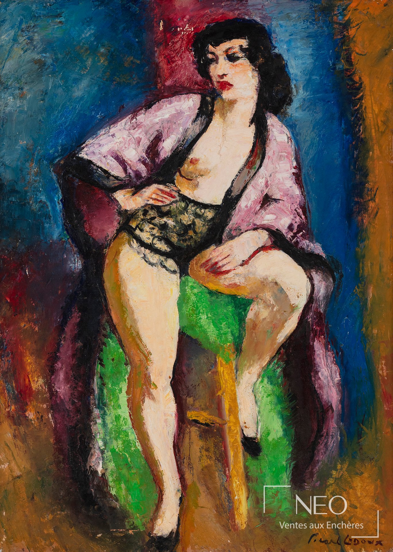 Huile sur toile représentant une femme assise sur un tabouret dans une composition colorée