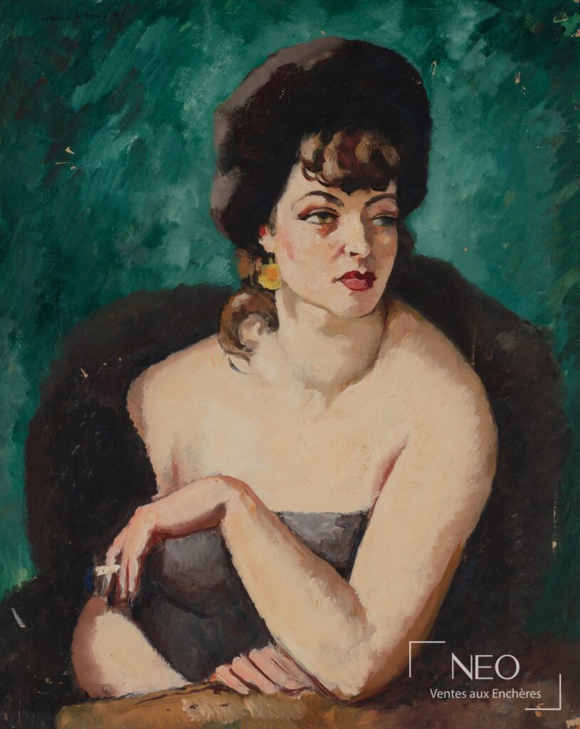 Portrait féminin peint sur fond vert
