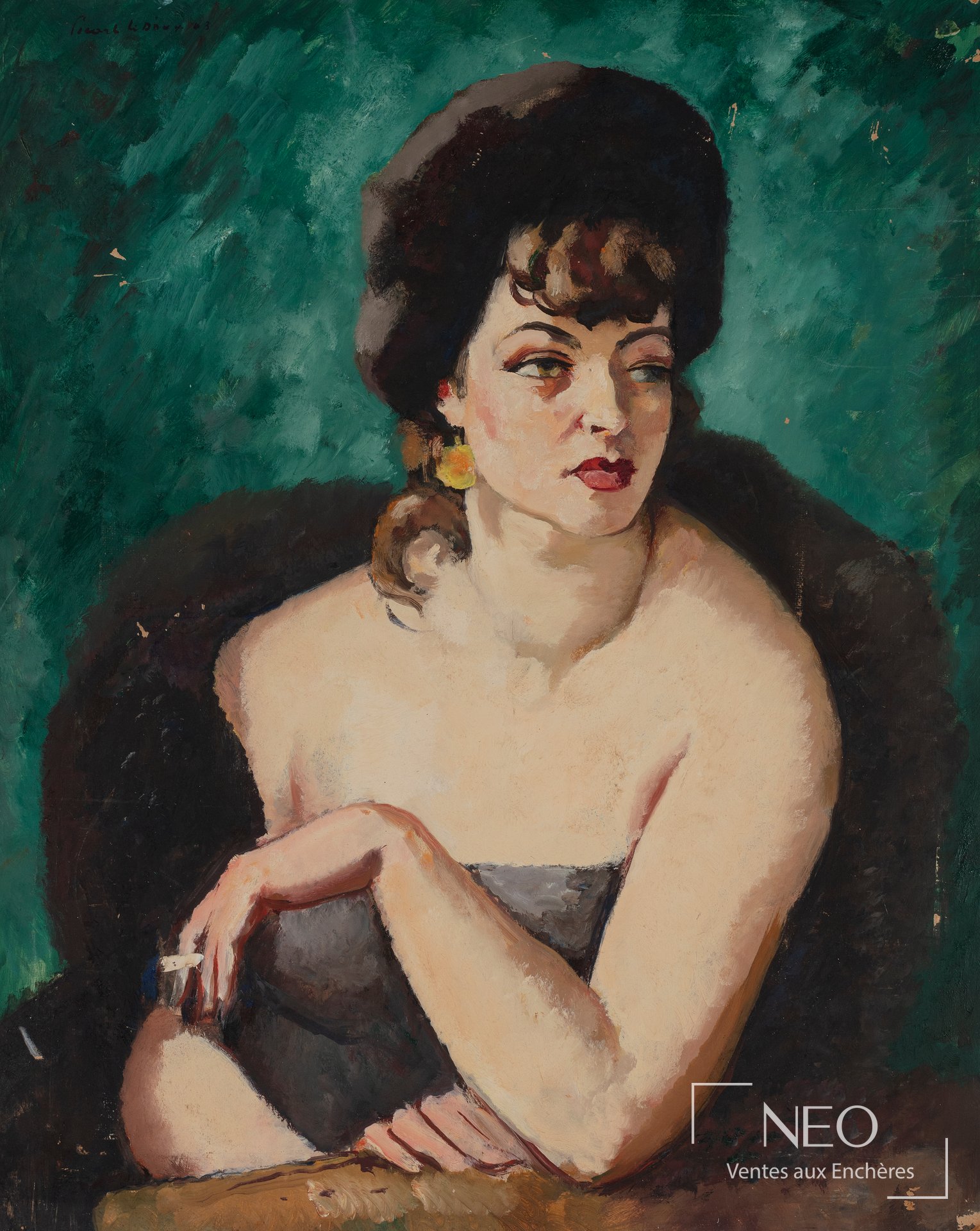 Portrait féminin peint sur fond vert