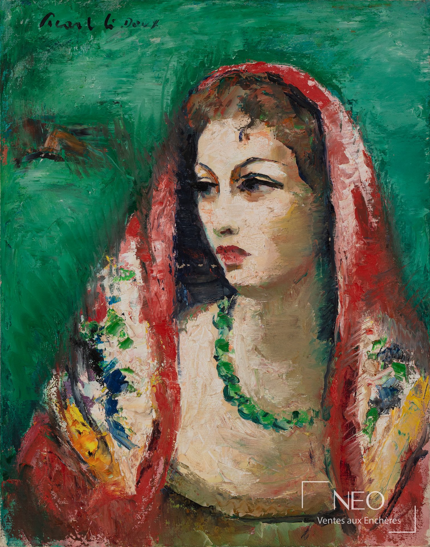 Portrait féminin peint à l'huile sur fond vert