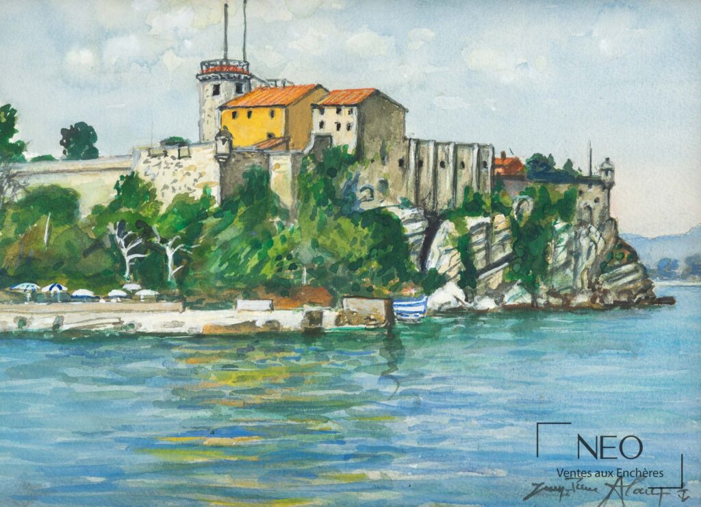 Aquarelle de Jean-Pierre Alaux représentant le Fort de Sainte Marguerite au bord de l'eau