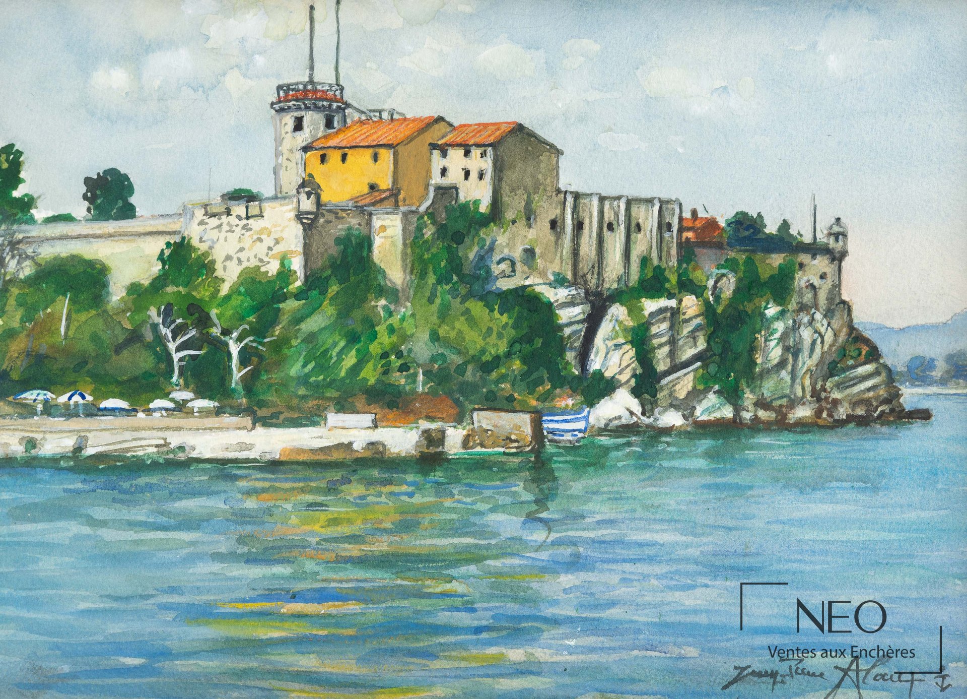 Aquarelle de Jean-Pierre Alaux représentant le Fort de Sainte Marguerite au bord de l'eau