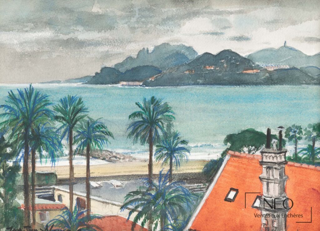 Aquarelle de Jean-Pierre Alaux représentant une vue sur l Esterel avec mer