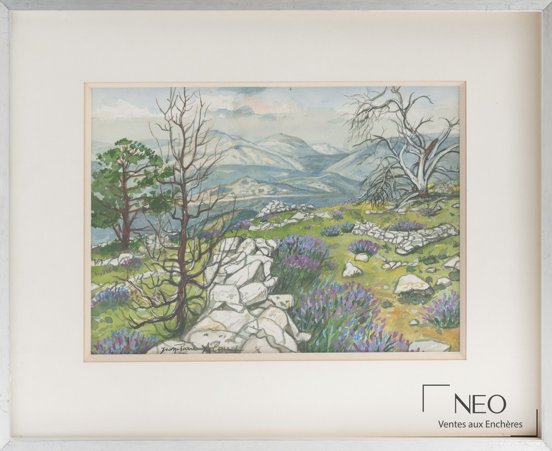 Aquarelle de Jean-Pierre Alaux représentant un paysage de lavandes et de montagnes