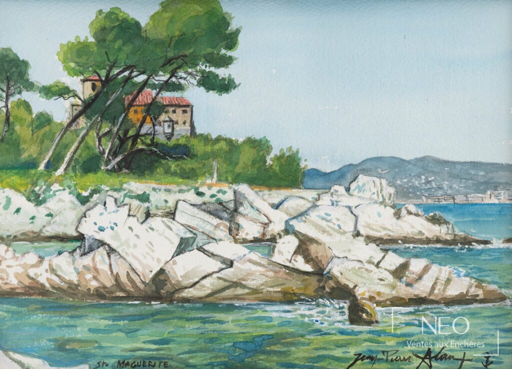 Aquarelle de Jean-Pierre Alaux montrant un paysage côtier avec rochers