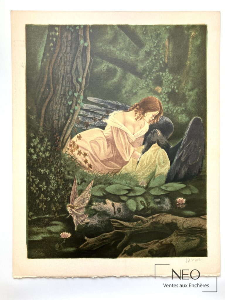 Lithographie en couleurs représentant une femme dans un sous-bois avec un aigle
