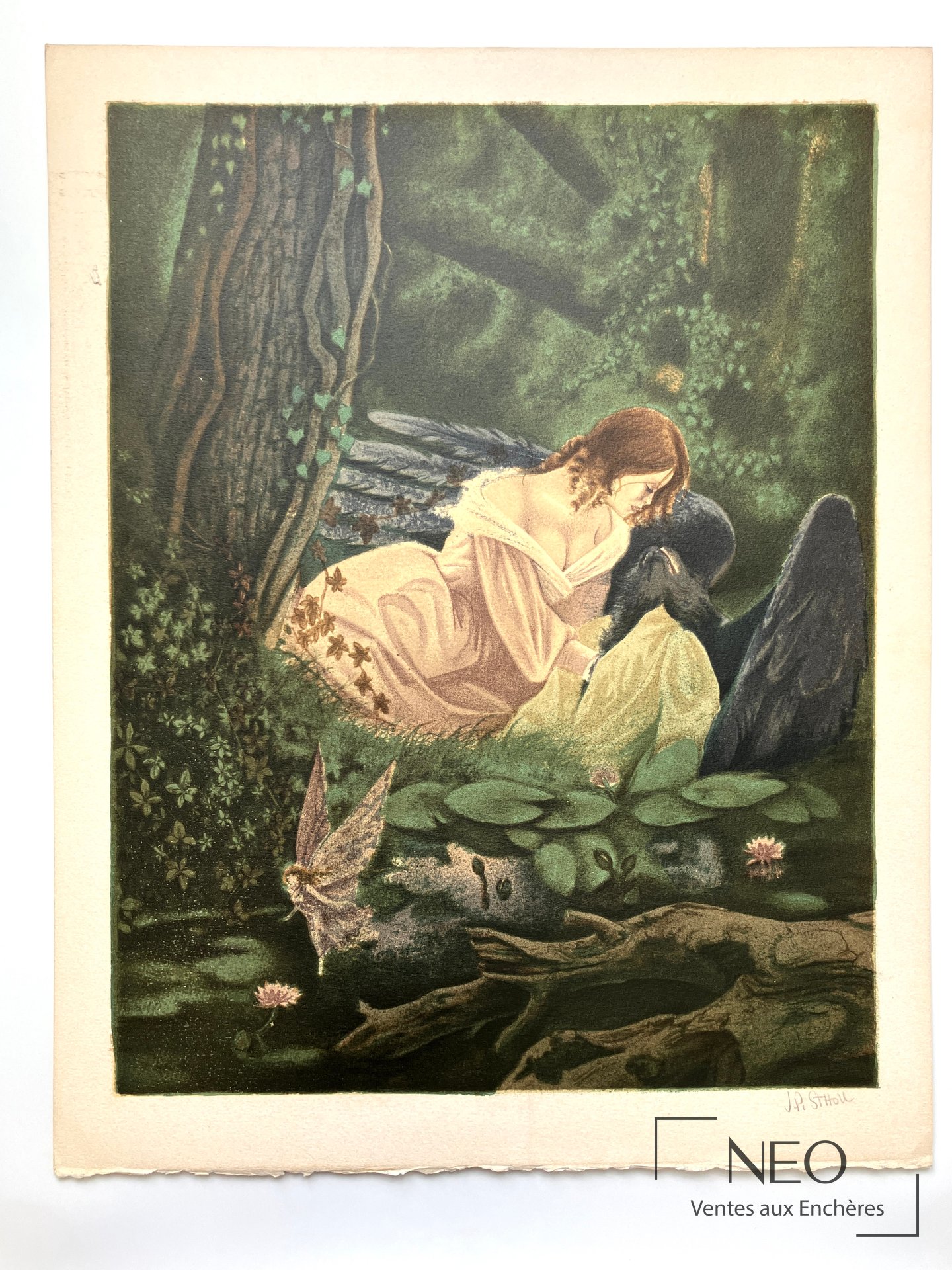 Lithographie en couleurs représentant une femme dans un sous-bois avec un aigle