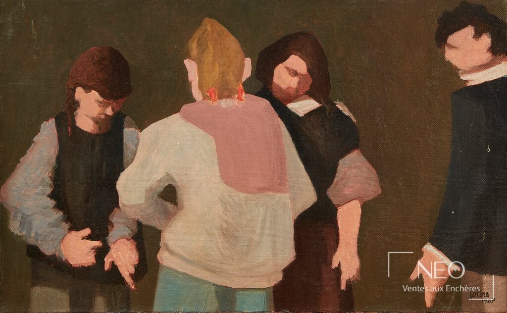 Huile sur toile représentant quatre figures