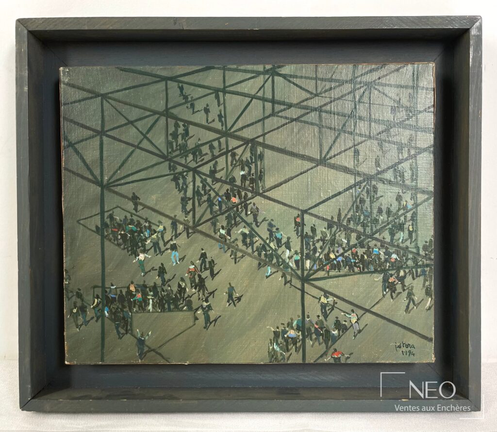 Huile sur toile représentant le Centre Pompidou avec figures et structure géométrique