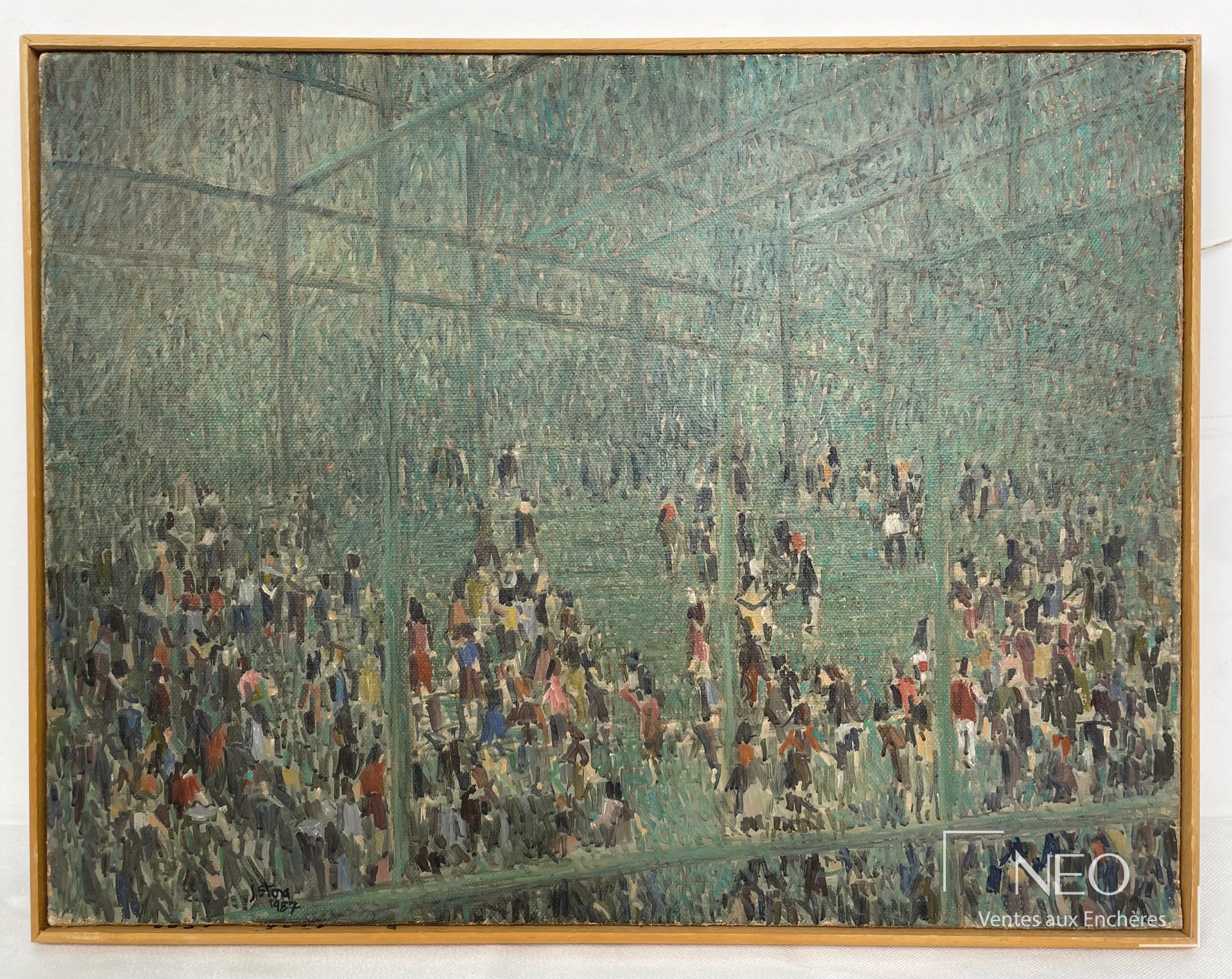 Vue d'ensemble d'une huile sur toile de Jean-Pierre Stora représentant une scène urbaine animée
