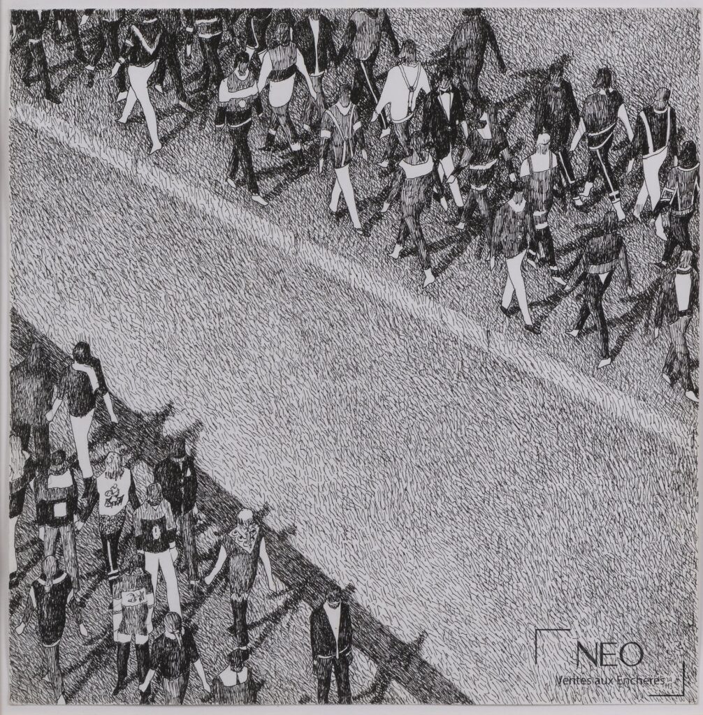 Dessin en noir et blanc figurant une foule d'allure urbaine vue de haut