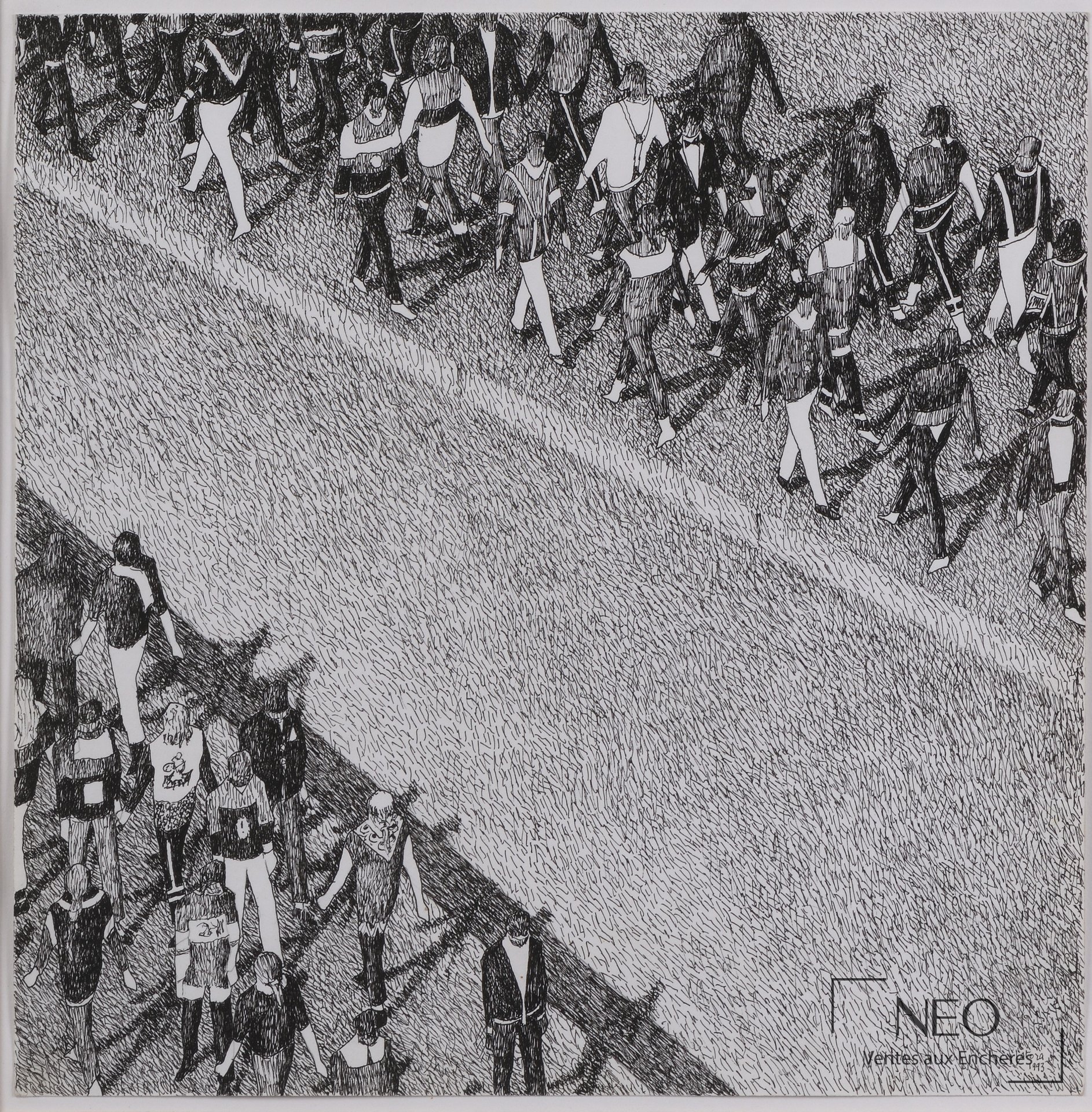 Dessin en noir et blanc figurant une foule d'allure urbaine vue de haut