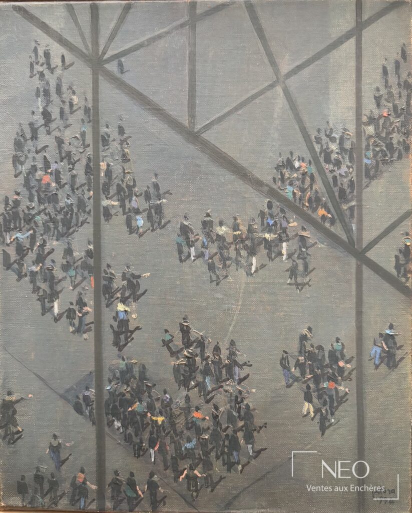 Huile sur toile représentant une scène urbaine vue en plongée
