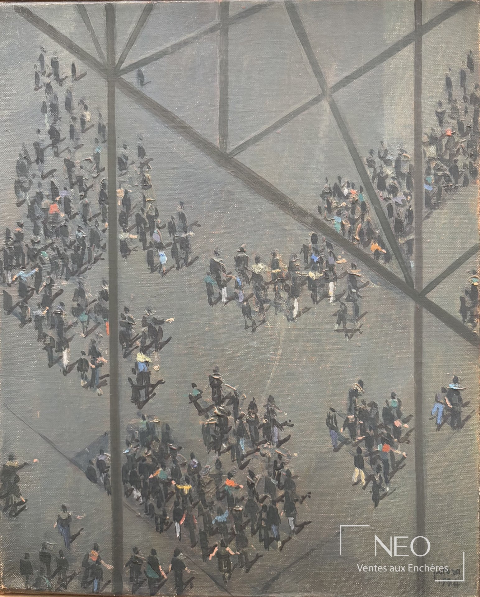 Huile sur toile représentant une scène urbaine vue en plongée