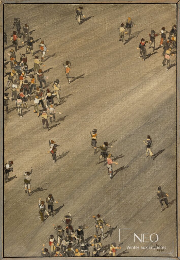 Huile sur toile montrant de petites figures en mouvement sur un fond clair.