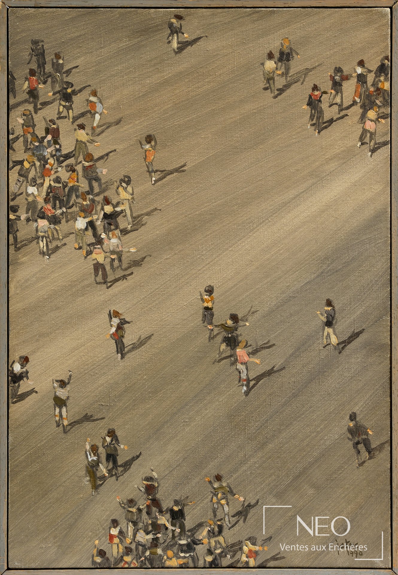 Huile sur toile montrant de petites figures en mouvement sur un fond clair.