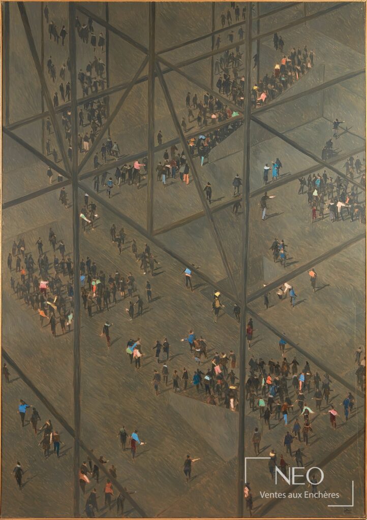 Huile sur toile de Jean-Pierre Stora représentant une foule sous une structure géométrique