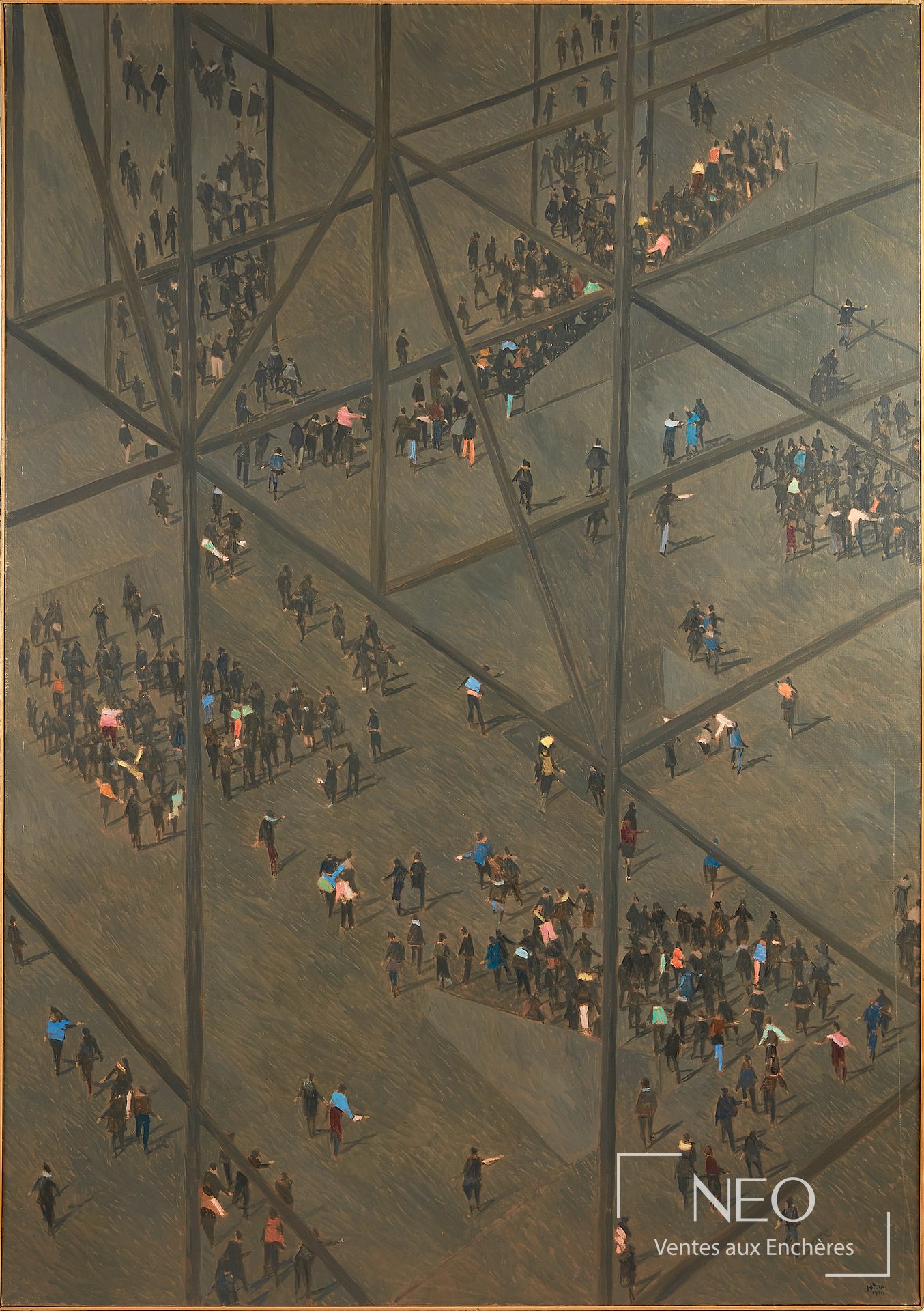Huile sur toile de Jean-Pierre Stora représentant une foule sous une structure géométrique