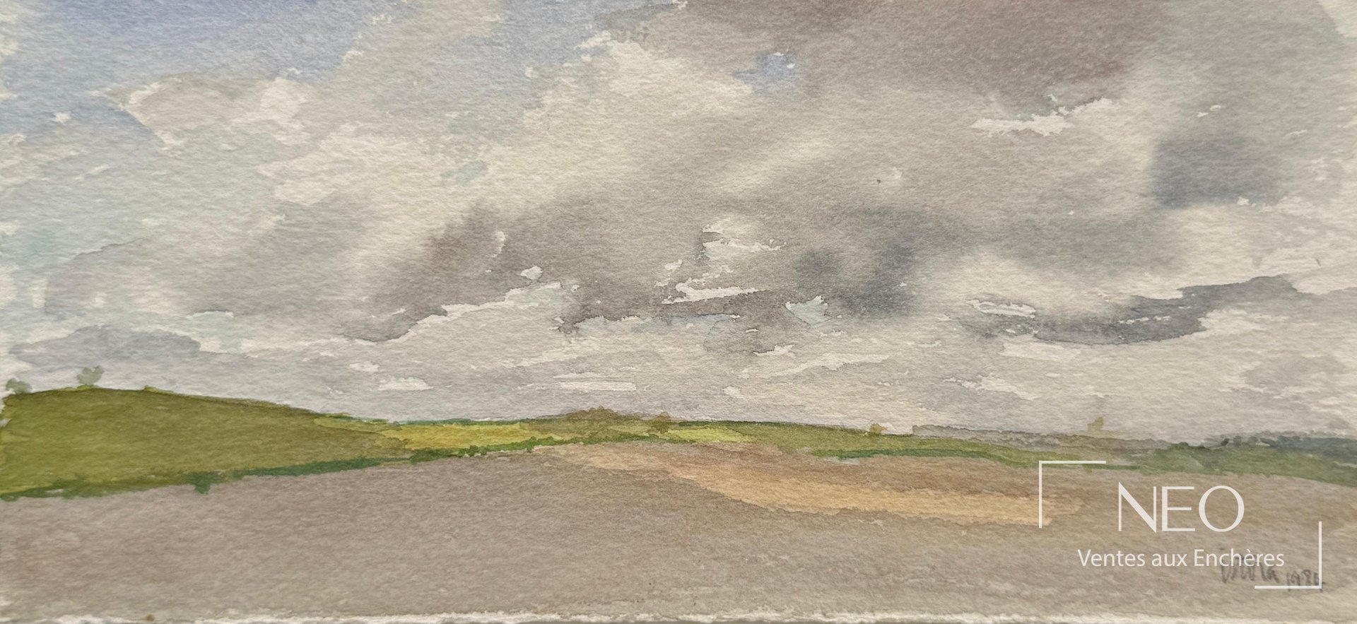 Aquarelle de paysage aux tons gris et verts dans un encadrement clair